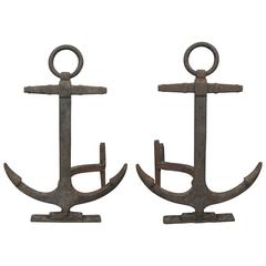 Pair of Large Antique Cast Iron Anchor Andirons