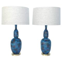 Pair of "Rimini Blue" Ceramic Lamps by Aldo Londi for Bitossi