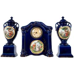 Antique  English Three-Piece Decorative Clock Set With Two Urns