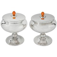 Marie Zimmermann Silvered Art Deco Covered Compote Pair with Bakelite Finials
