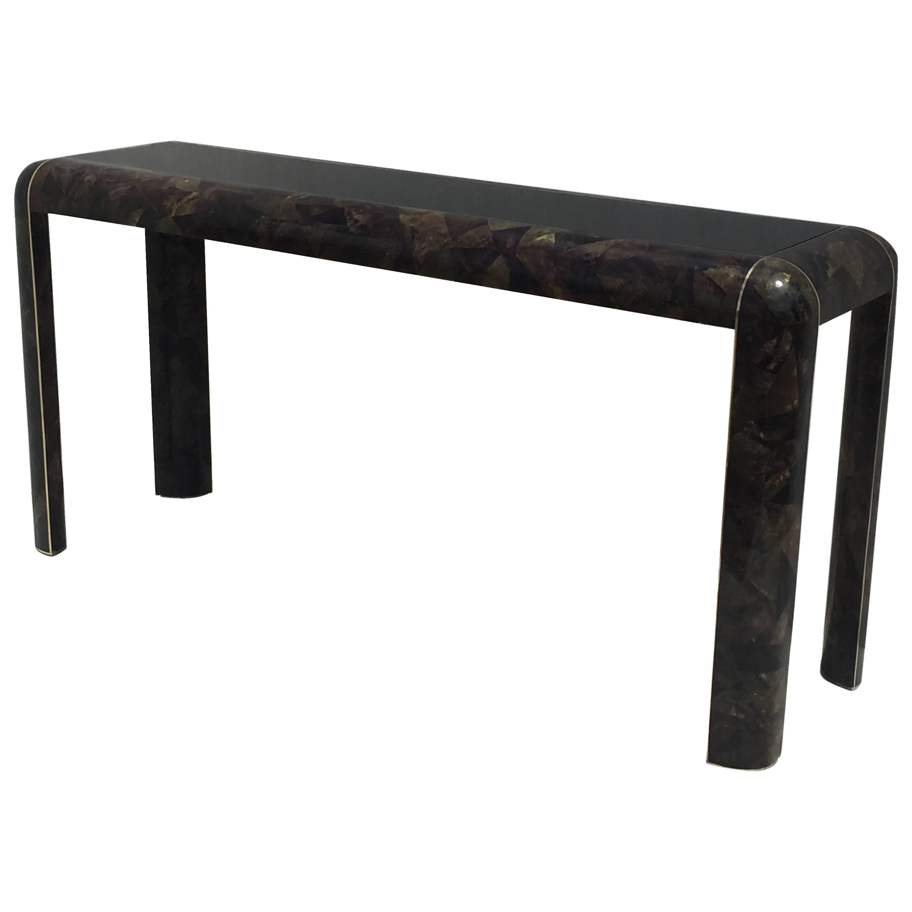 Tessellated Coconut Shell and Brass Sofa Console Table Style or Karl Springer