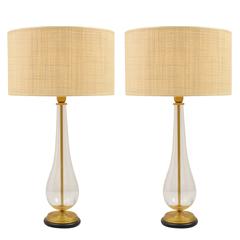 Pair of 1940s-1950s Murano, Venice Blown Glass with Gold Leaf Inside Table Lamps