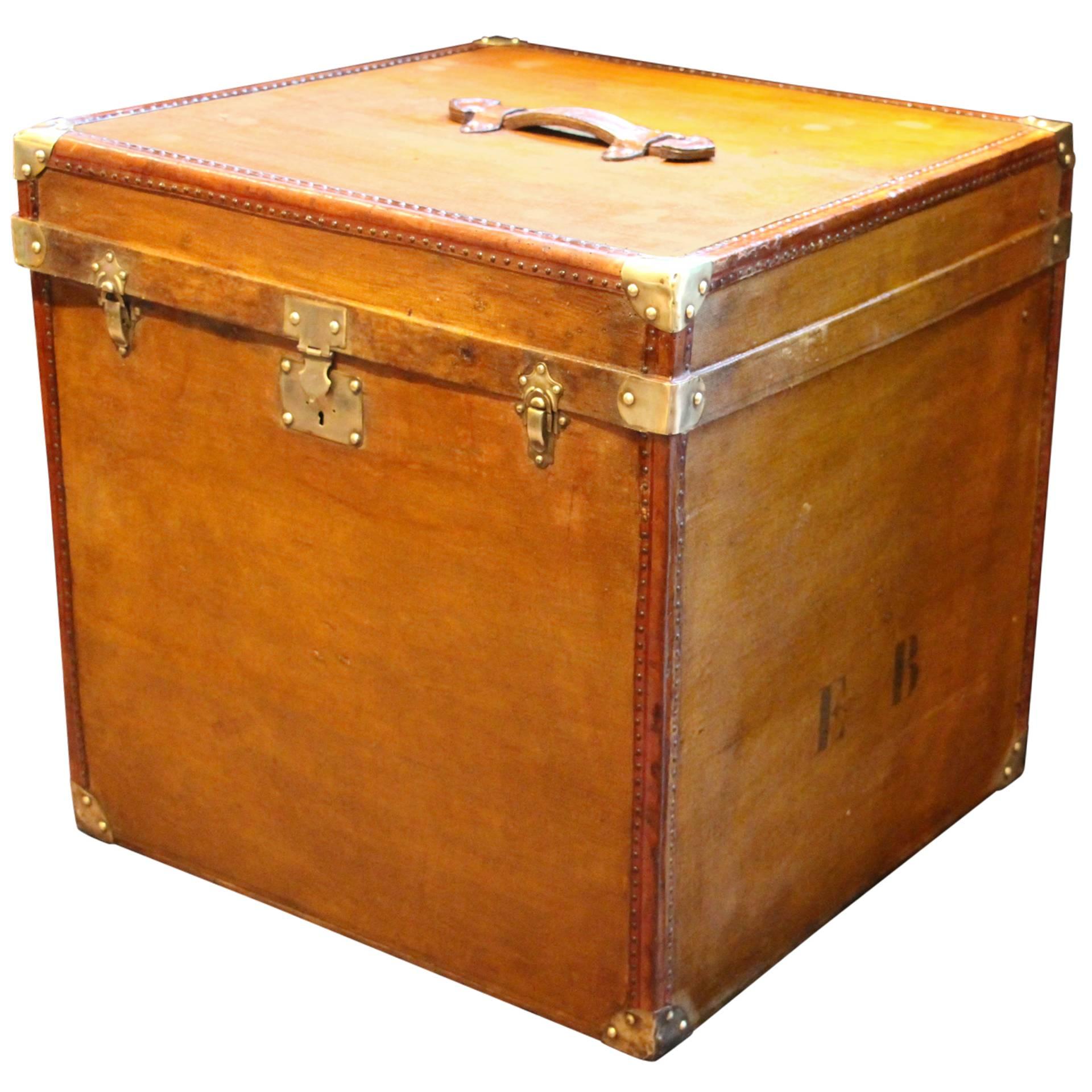 1930s Light Brown Canvas Extra Large "Cube Shape" French Hat Trunk
