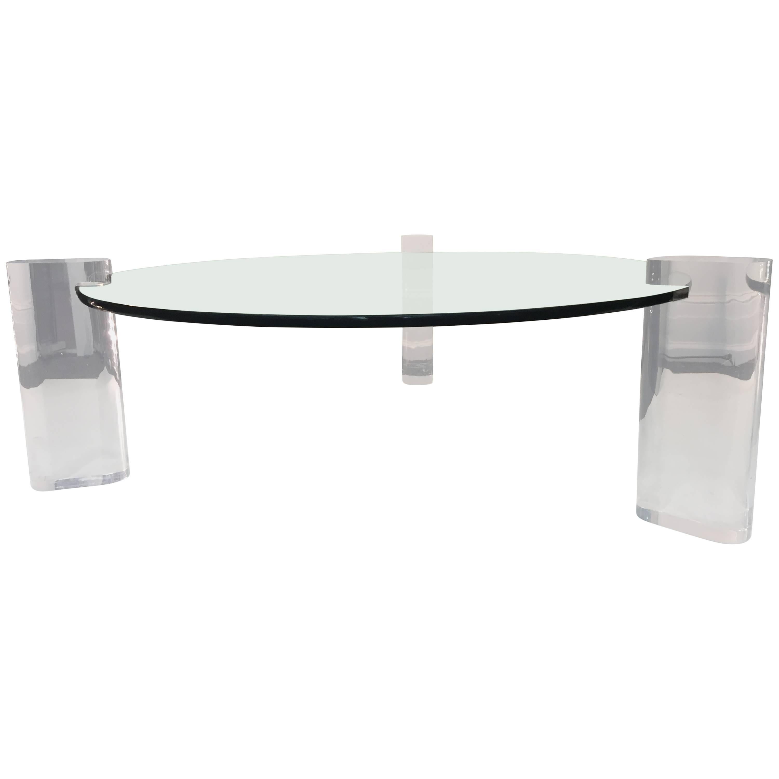 Karl Springer Coffee Table with Round Glass Top and Thick Lucite Base For Sale