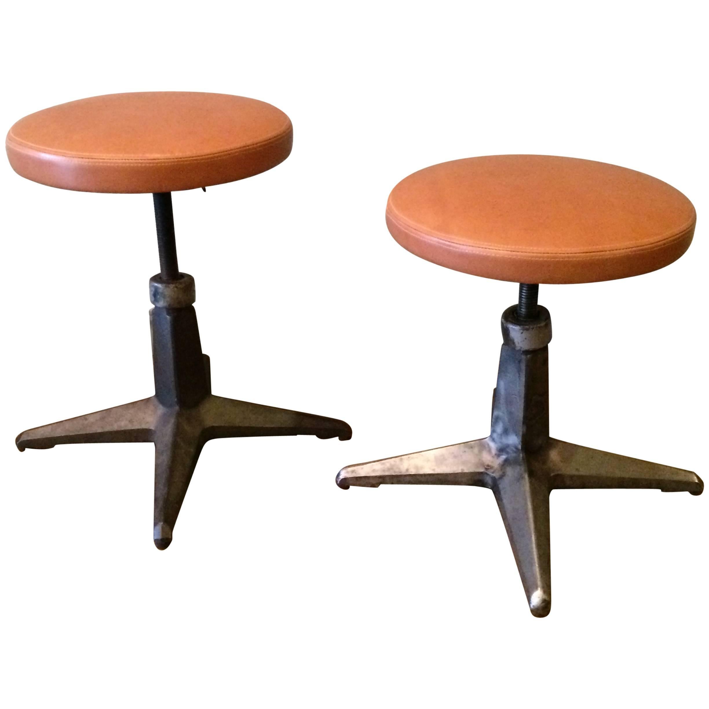 Pair Of Industrial Cast Iron Adjustable Stools with Leather Seats