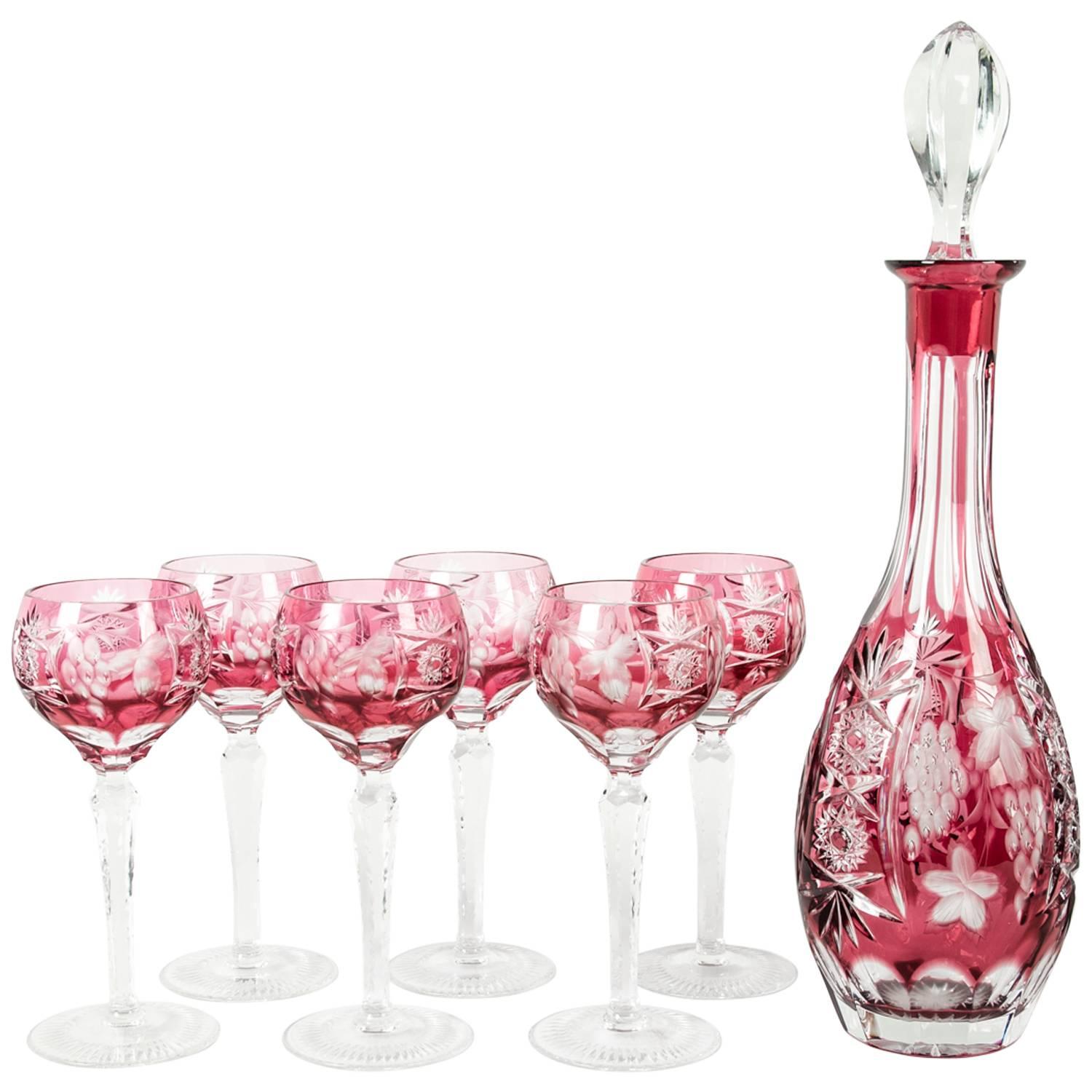 Antique Baccarat Cut Crystal Cranberry Wine Decanter Set