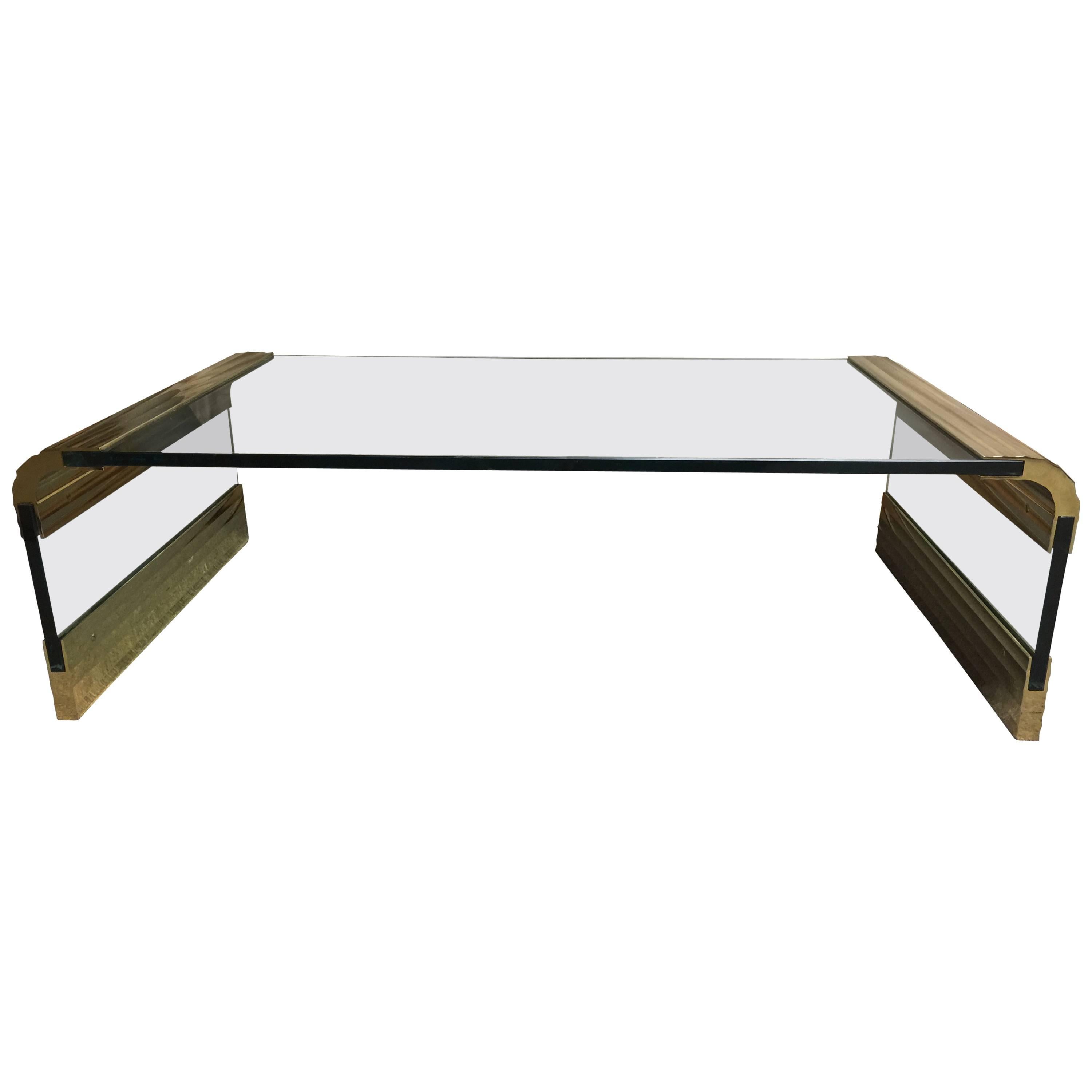 Leon Rosen for Pace Collection Glass and Brass Waterfall Table For Sale