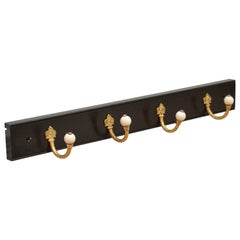 English Ebonised Brass and Ceramic Coat Rack Coat Hooks