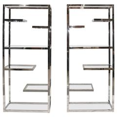 Retro Pair of Mid-Century Chrome and Glass Etageres with Step Design by Milo Baughman