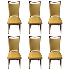 Set of Six French Art Deco Walnut Dining Chairs, circa 1940s