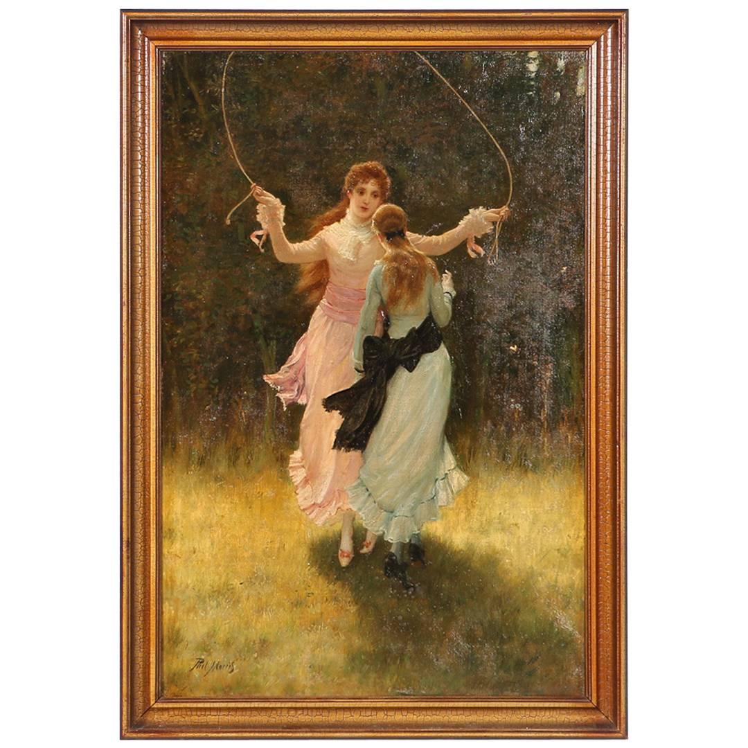 Original Oil on Canvas Painting of Two Girls Jumping Rope, Signed Phil Morris