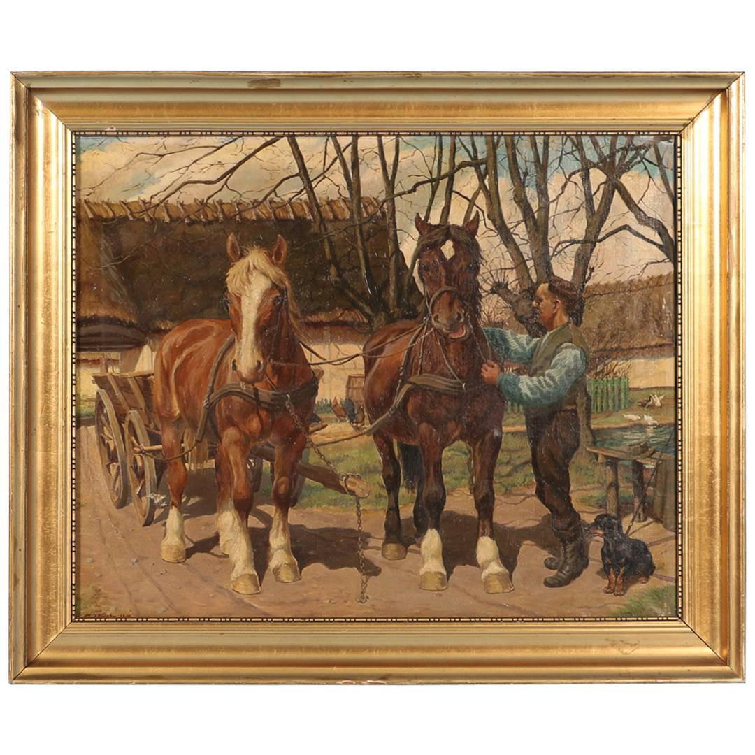 Original Oil on Canvas Painting Pair of Work Horses Pulling Cart Signed C. Hertz