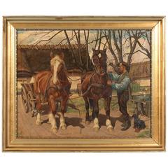 Antique Original Oil on Canvas Painting Pair of Work Horses Pulling Cart Signed C. Hertz