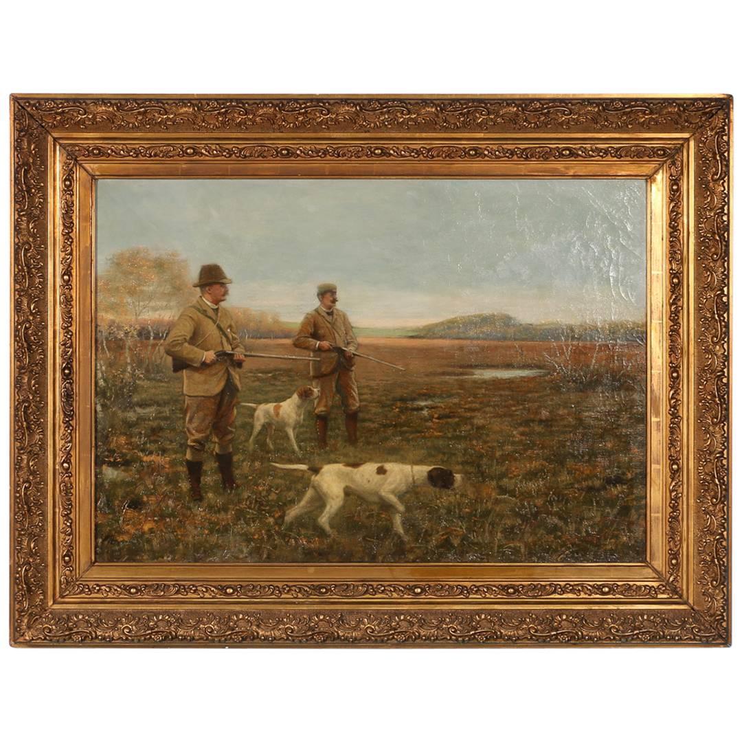 Large Original Oil on Canvas Painting of Two Hunters and Their Dogs, circa 1900s