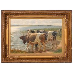 Antique Original Oil on Canvas Painting of Cows on the Shore, 19th Century, Denmark