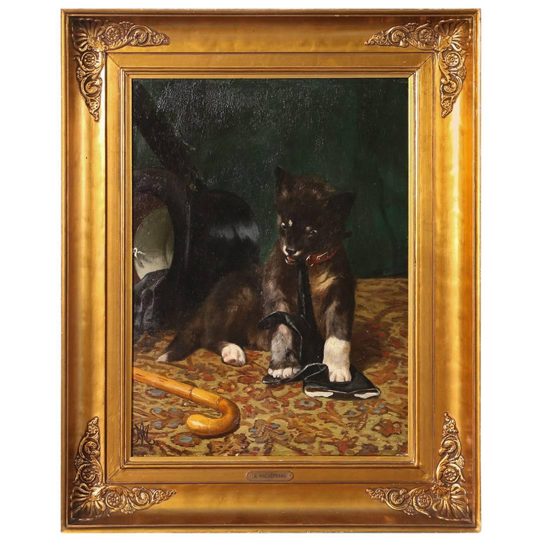Original Oil on Canvas Painting, Dog Chewing a Gentleman's Glove, A. Mackeprang