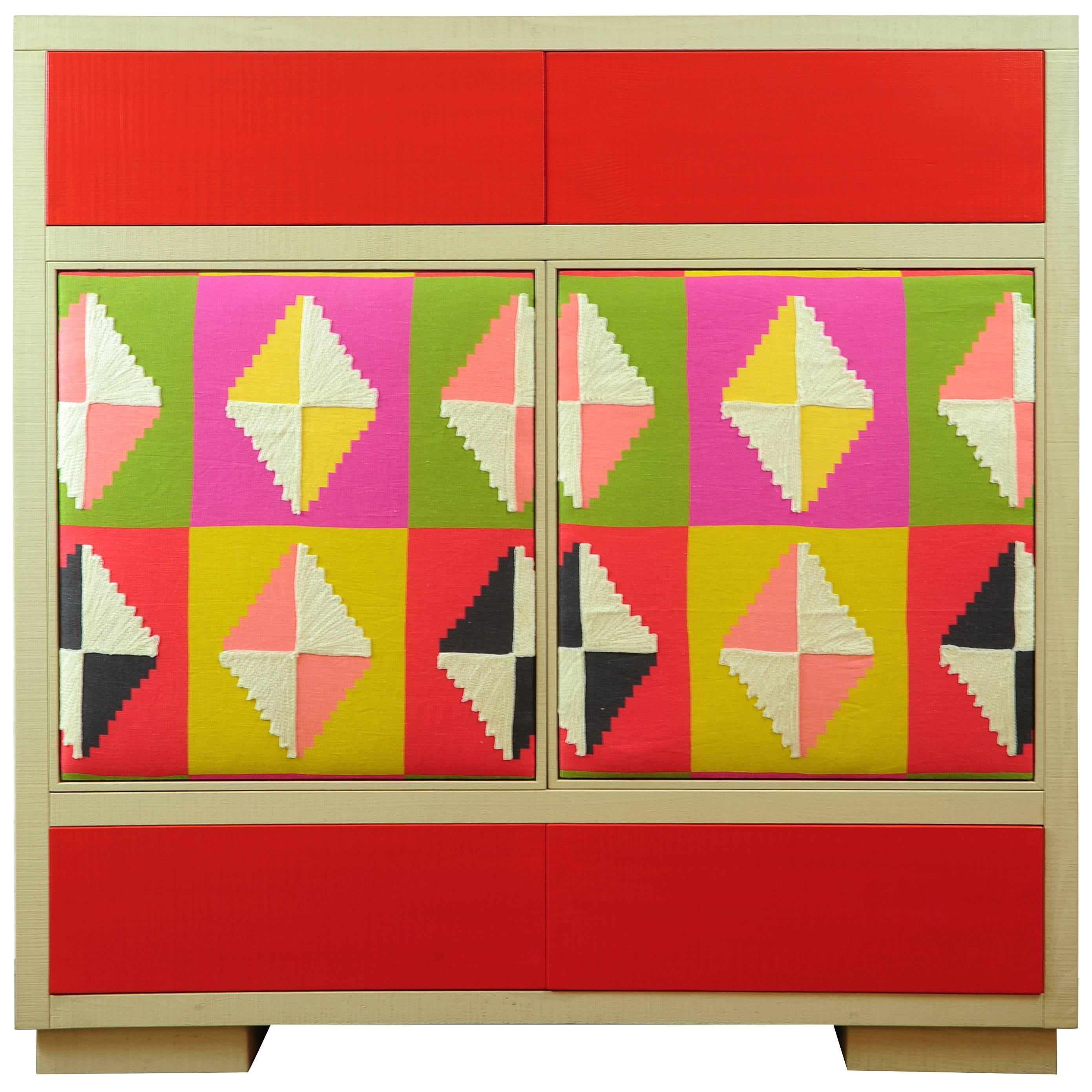 Modern Wood and Kilim Fabric Cabinet by Michelangeli, Italy For Sale