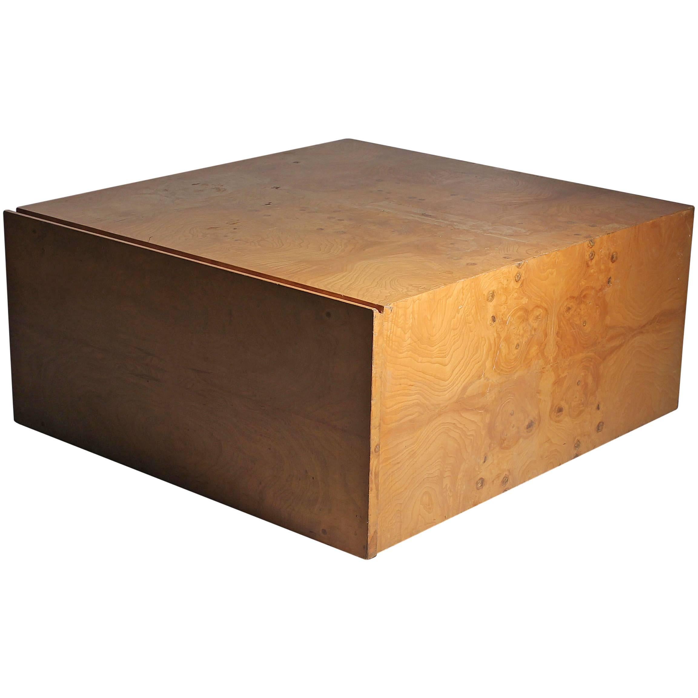 Floating Milo Baughman Burl Wood Coffee Table on Castors with Large Drawer / End