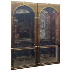 Mastercraft Brass Vitrines Vintage Palladian Antique Mirror Glass Shelves, Pair