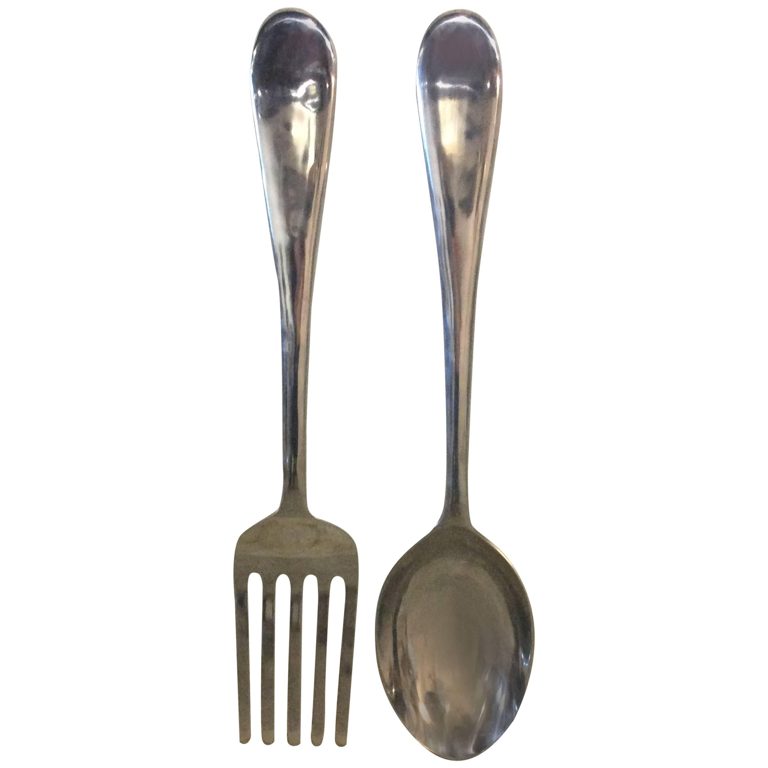 Vintage Pair of Spoon and Fork Monumental Kitchen Wall Art in Curtis Jere Style