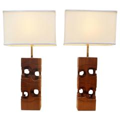 Sculptural Pair of Table Lamps by Brian Willsher Carved in Wood 1