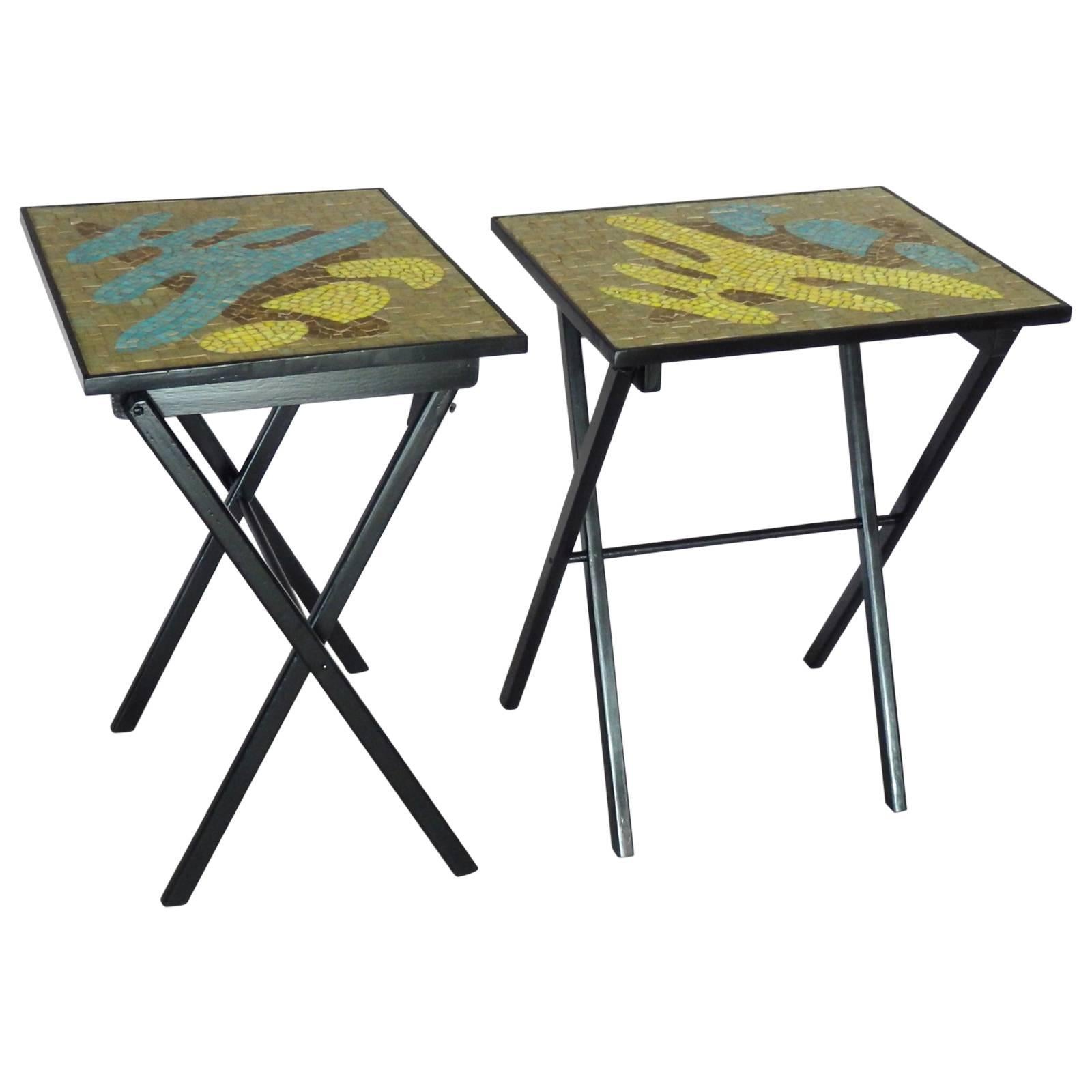 Pair of Organic Design Mosaic Glass Tile Top Fold Up Tables