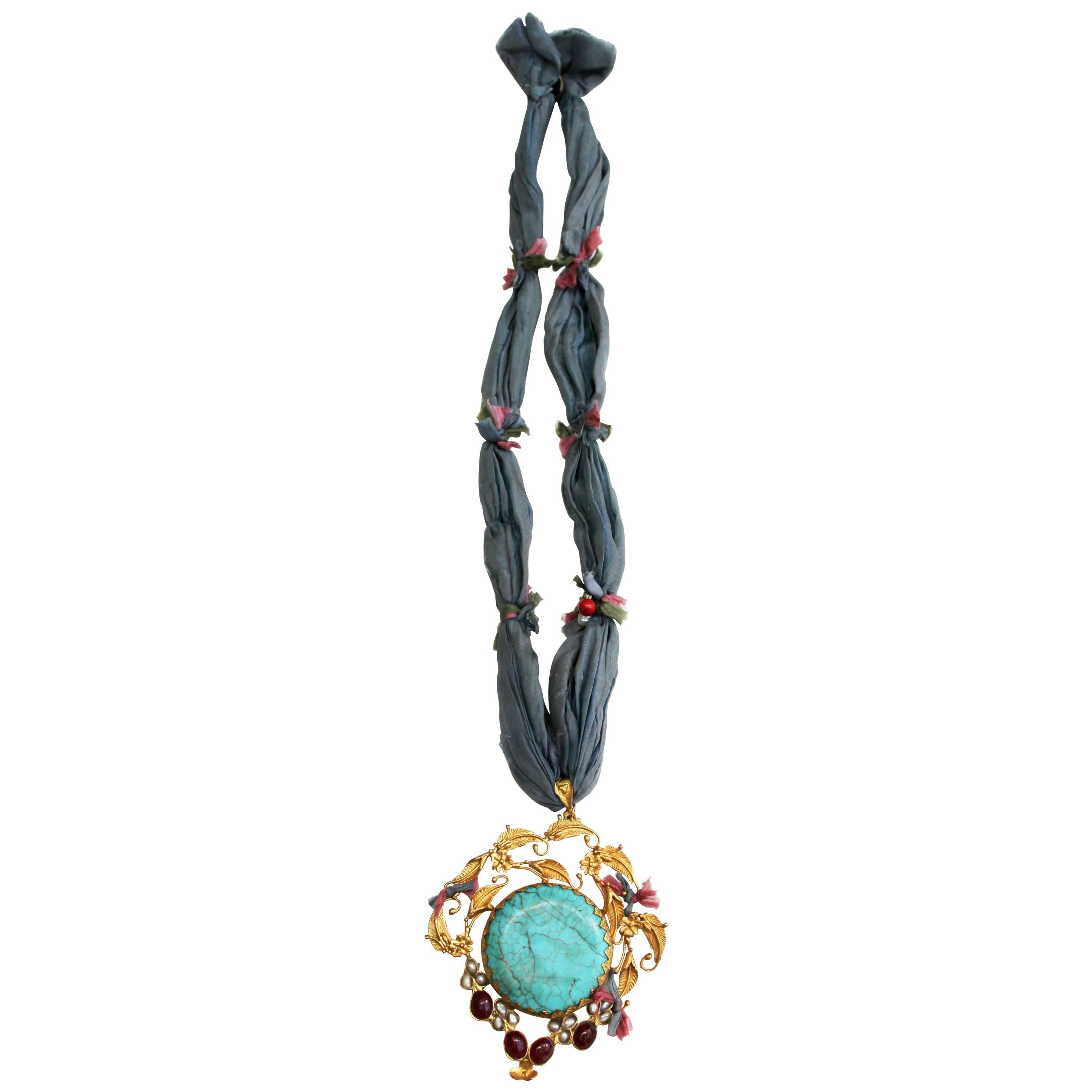 Unique Gold Pendant with Turquoise from Afghanistan For Sale