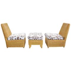 Pair of Angelo Donghia Wicker Slipper Chairs with Matching Ottoman