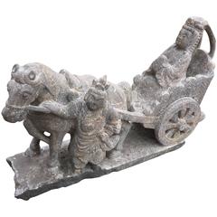 Retro Chinese Stone Horse and Chariot Sculpture from Old Japanese Garden