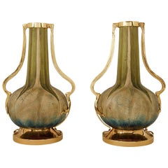 Austrian Riessner, Stellmacher & Kessel Amphora Vase Pair with Gold Metal Mounts