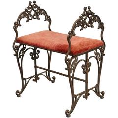 Antique 1920s Iron and Velvet Bench in the Manner of Oscar Bach