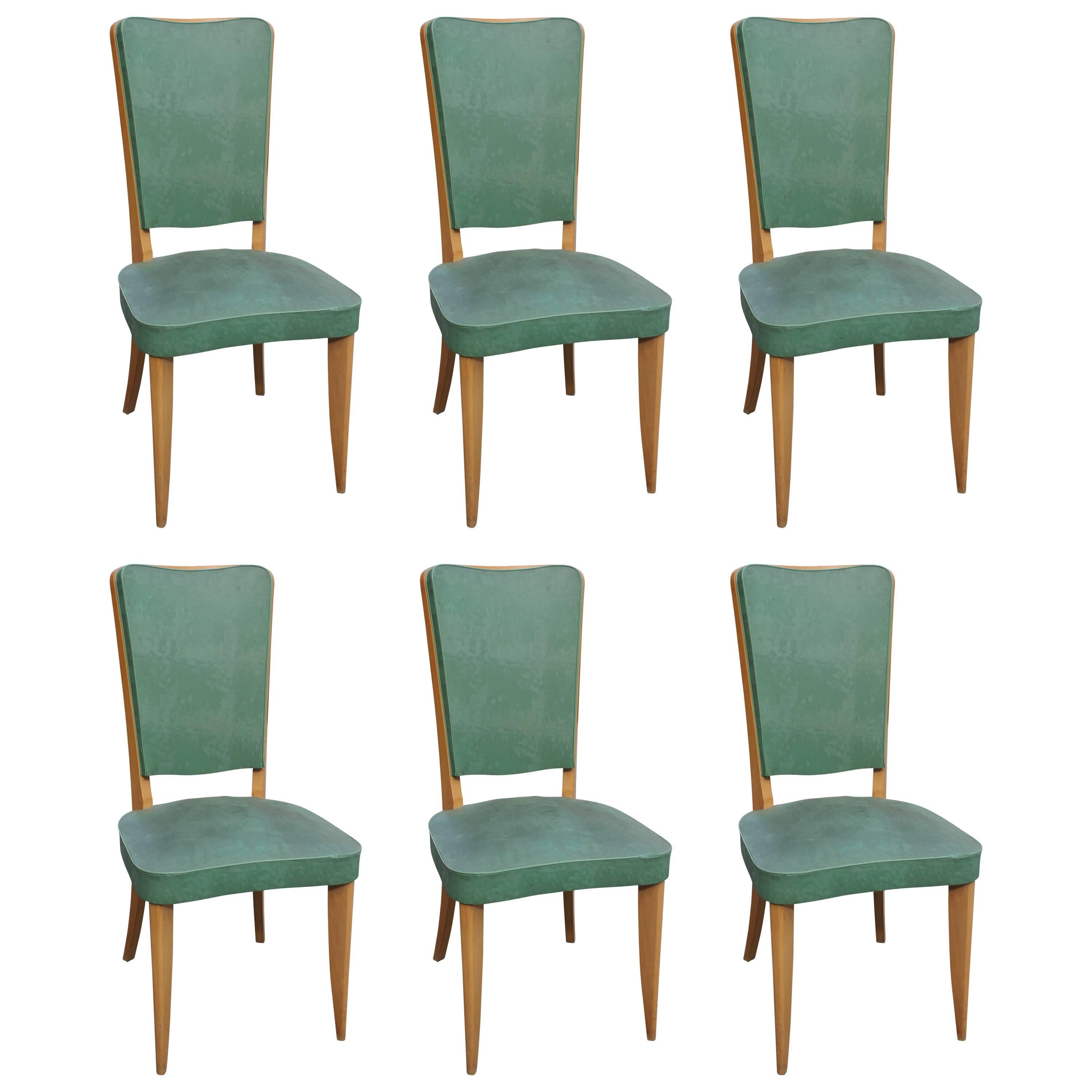 Set of Six French Art Deco Walnut Dining Chairs, circa 1940s