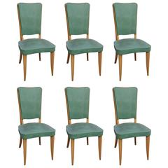Set of Six French Art Deco Walnut Dining Chairs, circa 1940s