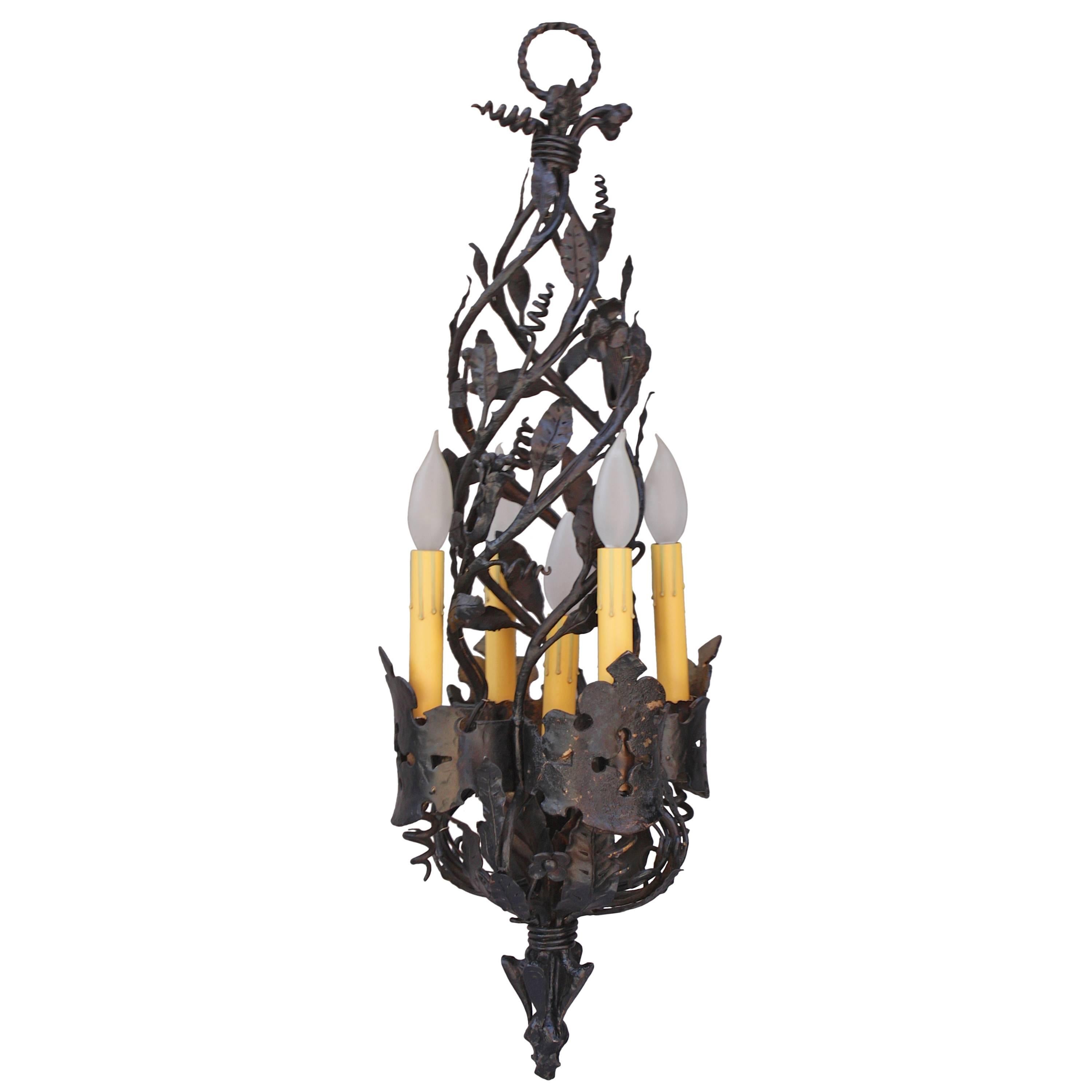 1920s Unique Narrow Wrought Iron Chandelier with Five Lights For Sale