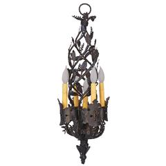 1920s Unique Narrow Wrought Iron Chandelier with Five Lights