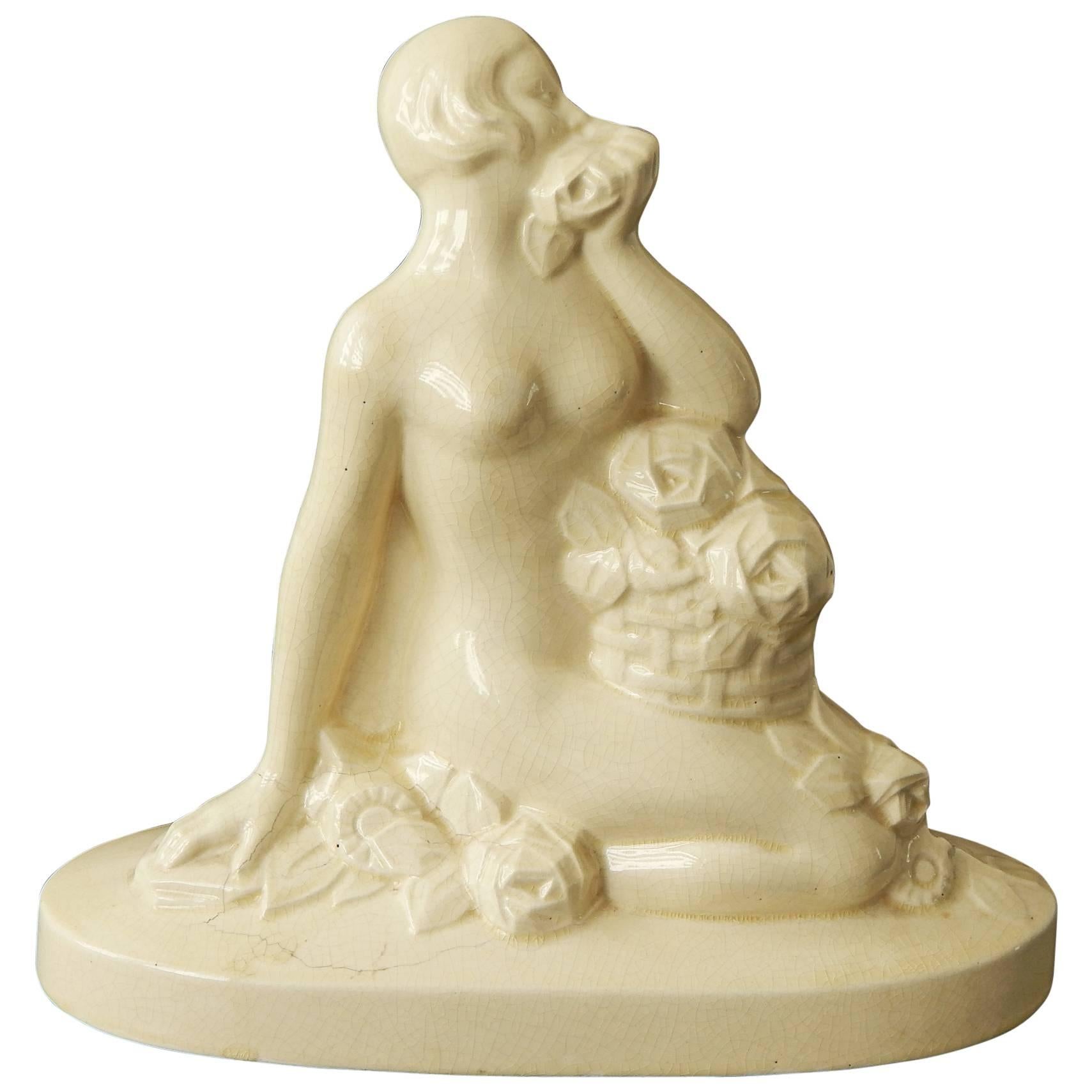 "Smelling the Rose, " Classic Art Deco Sculpture with Female Nude, France For Sale