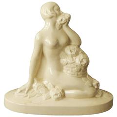 "Smelling the Rose, " Classic Art Deco Sculpture with Female Nude, France