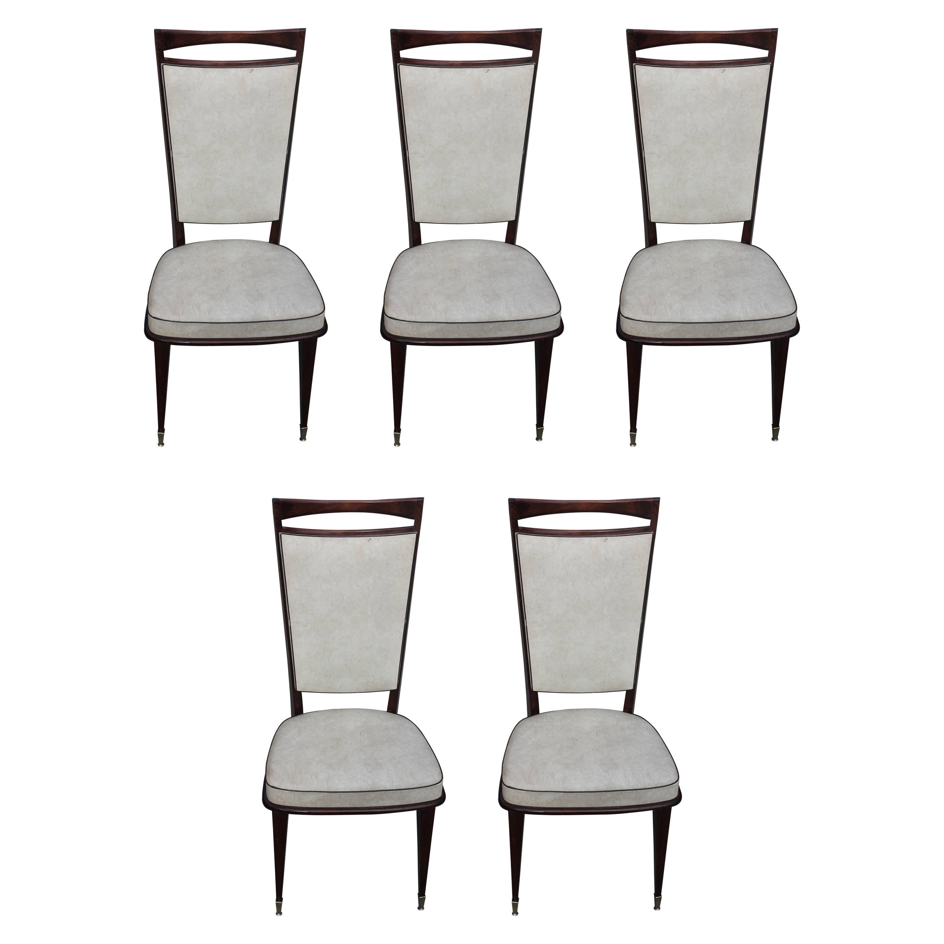 Set of Five French Art Deco Walnut Dining Chairs, circa 1940s