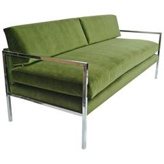 Milo Baughman Chrome and Green Velvet Sofa