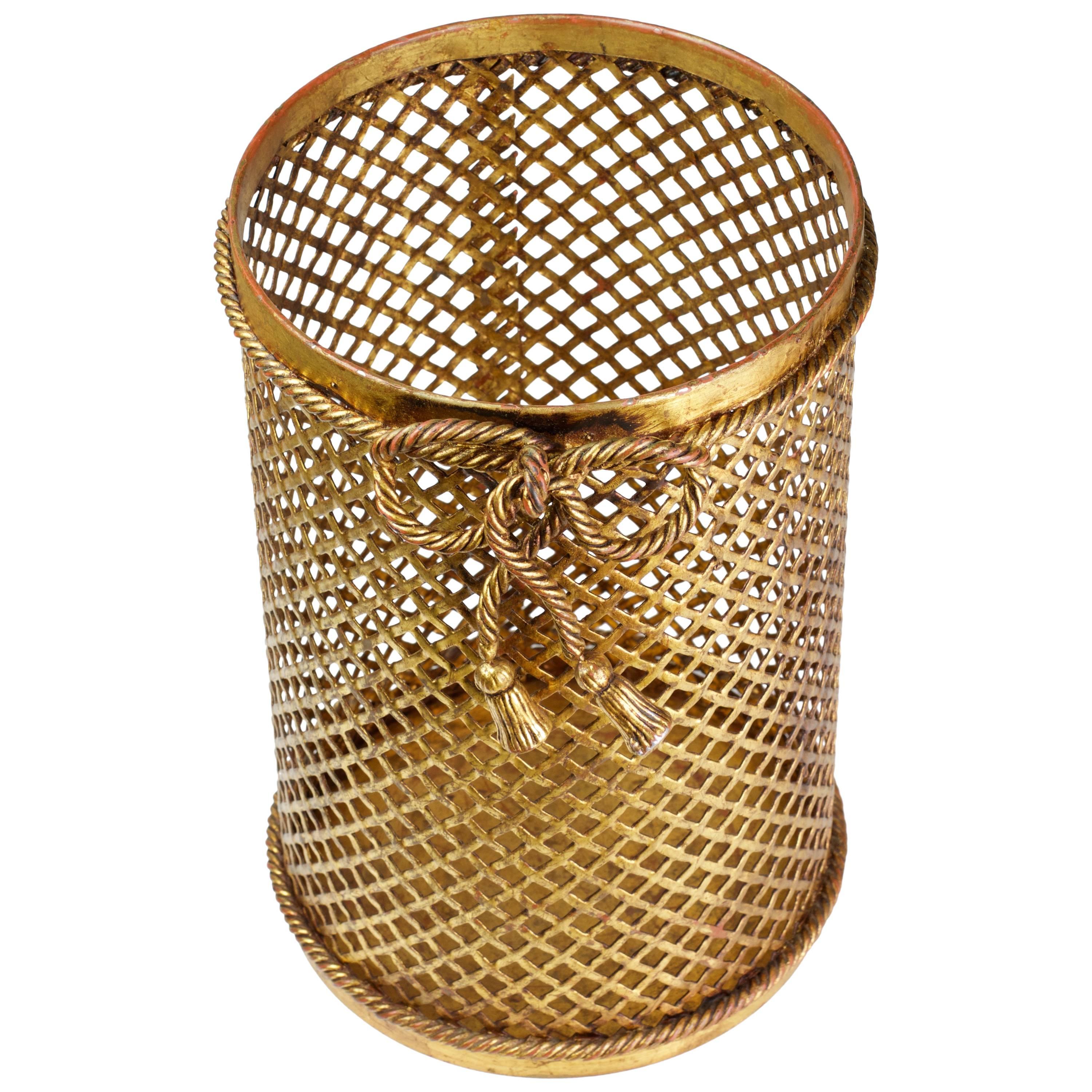 Mid Century 1950s Hollywood Regency Italian Gold Gilded Waste Paper Basket 