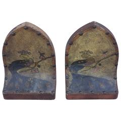 1920s Hand-Painted Leather and Wood Peacock Bookends