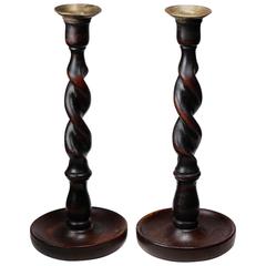Pair of 19th Century Antique English Oak Barley Twist Candlesticks