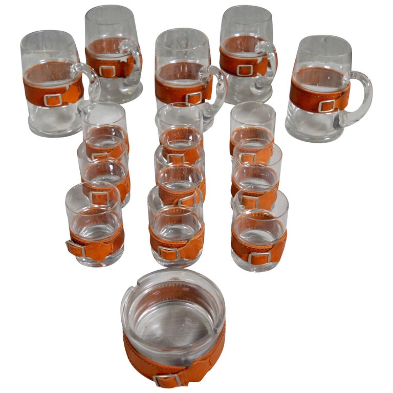 Leather and Glass Bar Set For Sale at 1stDibs