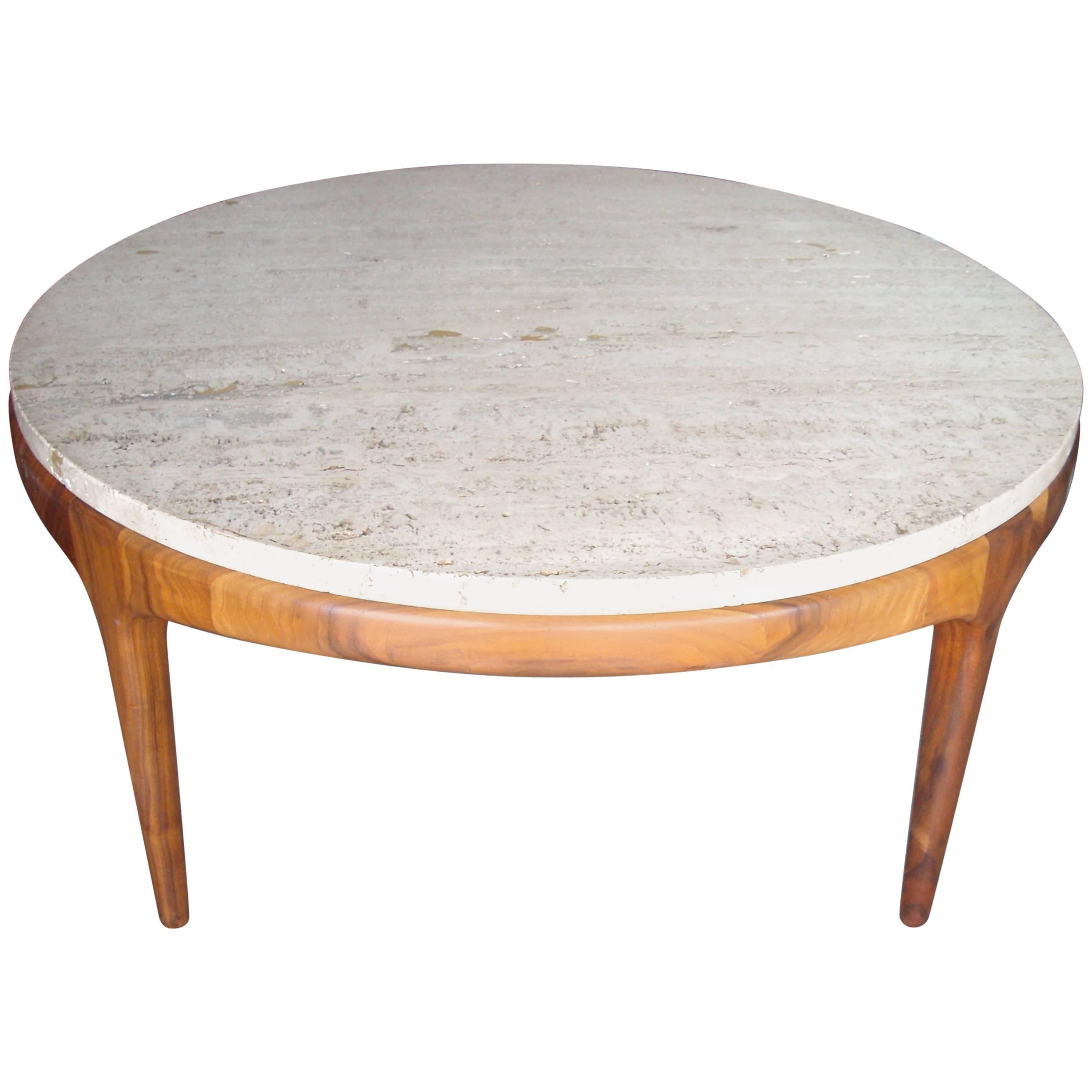 Marble or Travertine Top, Side or Coffee, Cocktail Table and Walnut Base