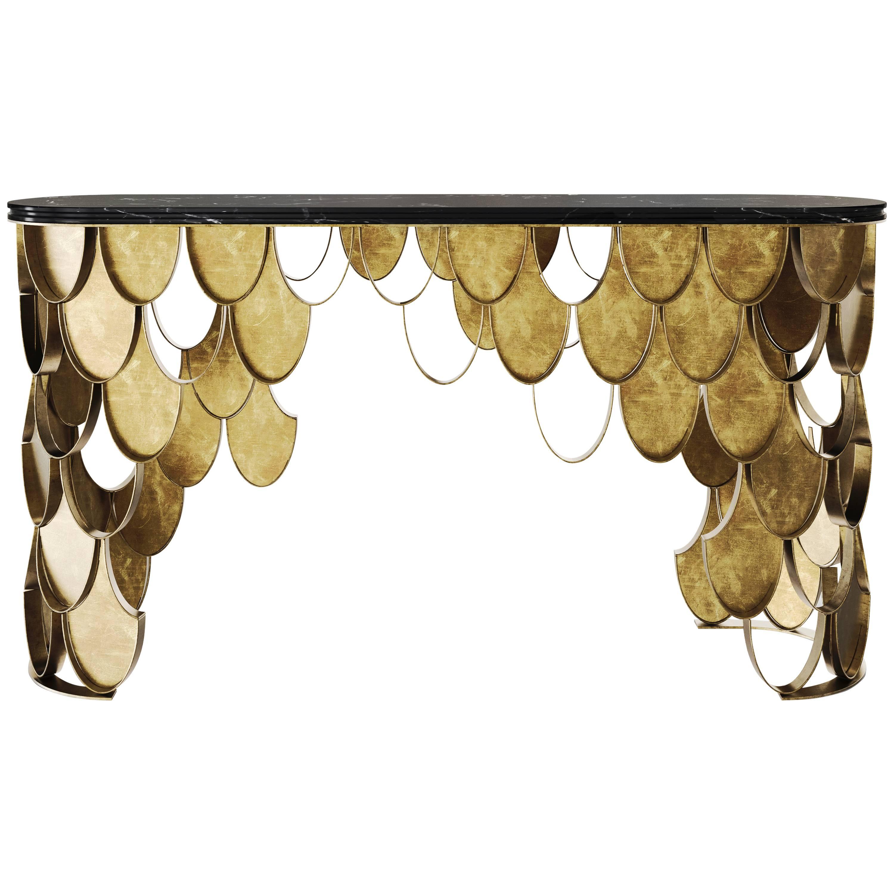 Brushed Brass and Black Marble Koi Console form Europe For Sale