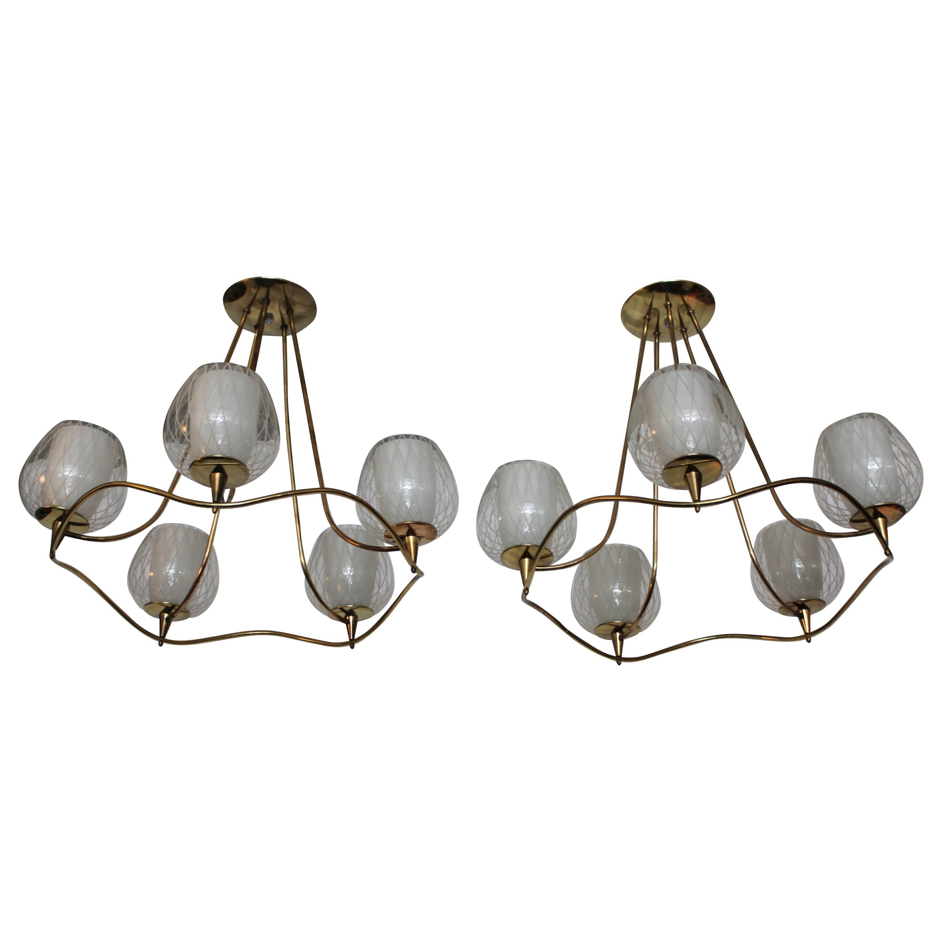 1950s Modern Brass and Glass Chandeliers by Lightolier