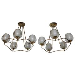 1950s Modern Brass and Glass Chandeliers by Lightolier