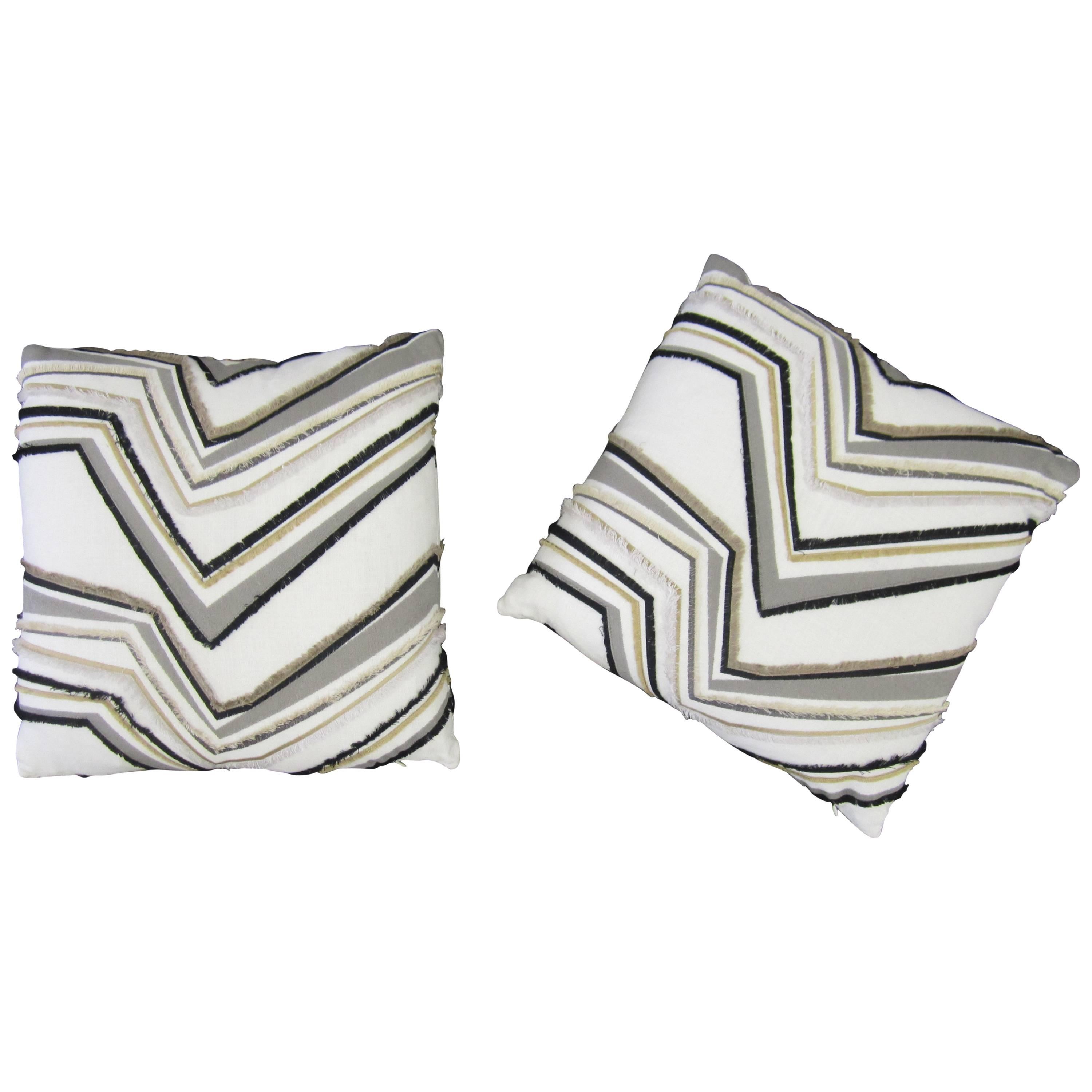 Pair of Custom Upholstered White Black and Gold Accent Pillows 