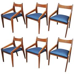 Set of Six Scandinavian Design Oak Chairs Black Leather Seat, circa 1960