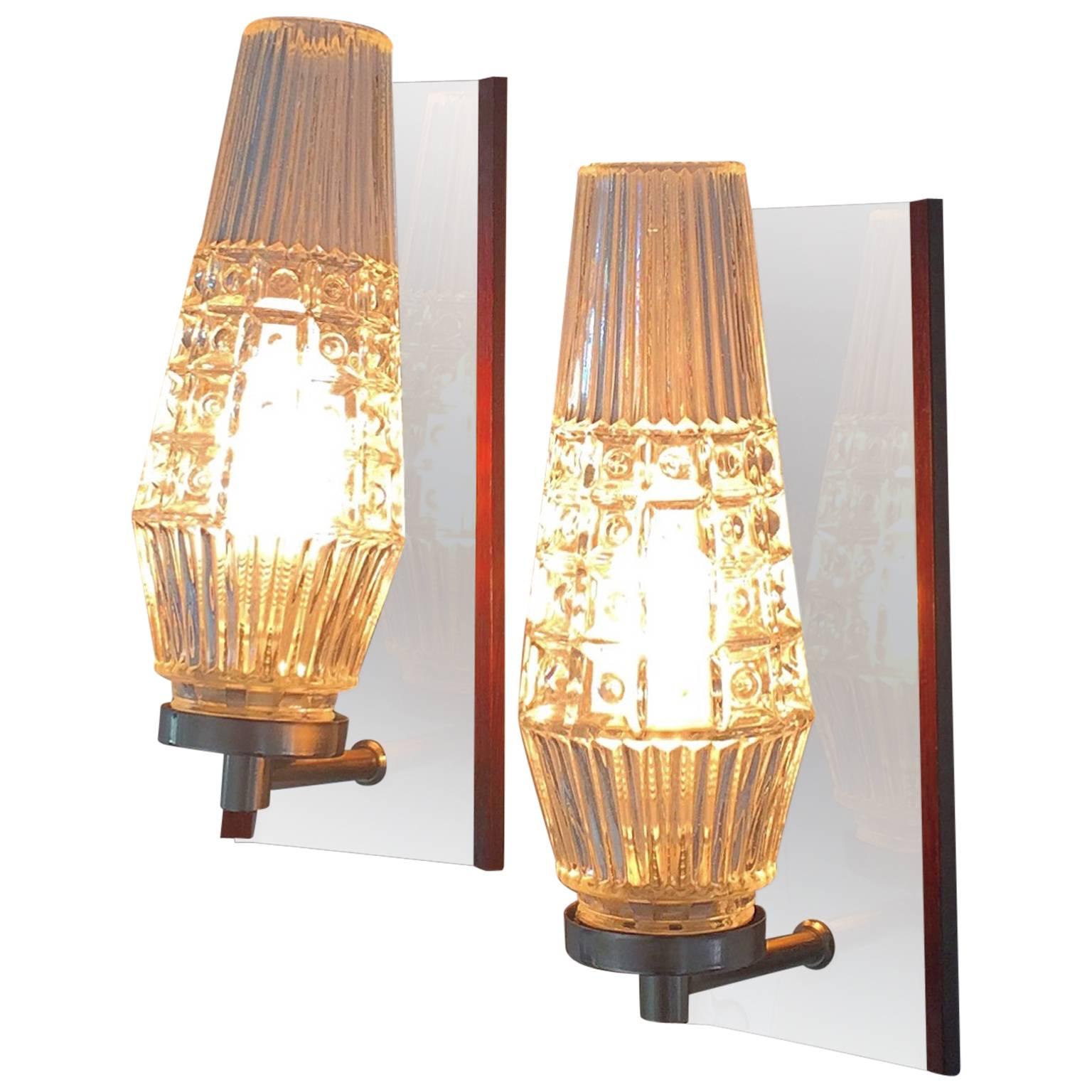 Danish Mid-Century Glass Sconces with Rosewood Details For Sale